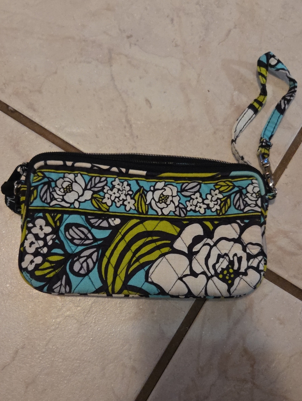 Vera Bradley Turquoise, White & Lime Quilted Floral Wristlet